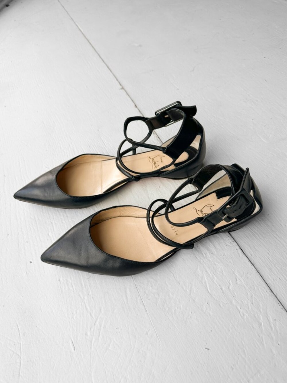 Christian Louboutin Black Leather Suzanna Ankle Strap Pointed Toe Flats
